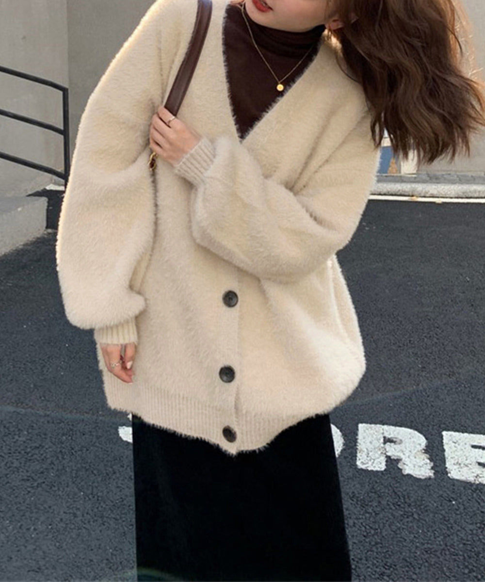 ふわふわシャギーニットカーディガン韓国風 ライトベージュ