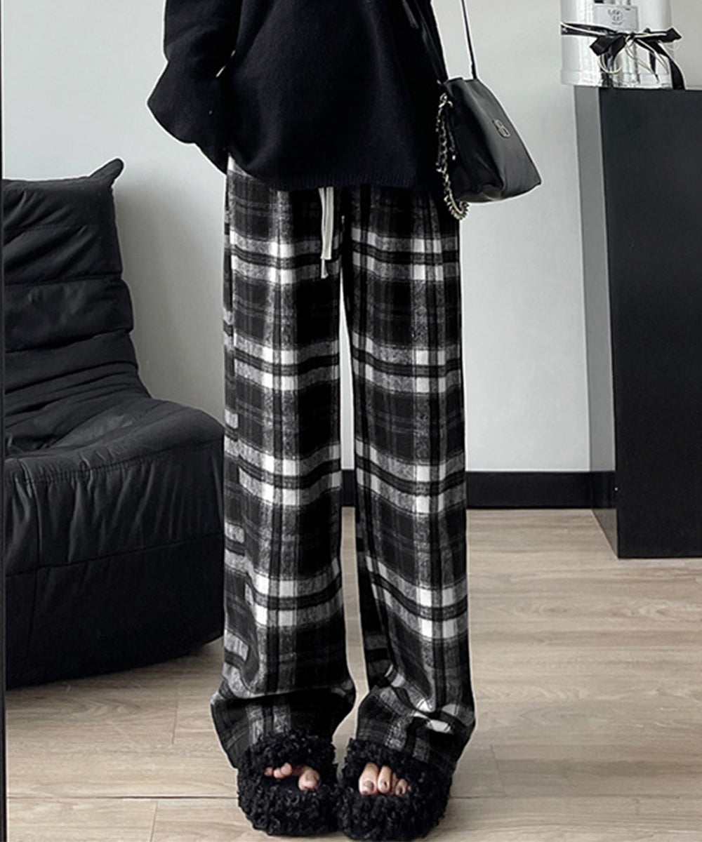 チェック柄パンツハイウエストワイドパンツ 裏起毛ノーマル2タイプ レトロロングパンツ レディース 韓国風暖かいパンツ 着やせストレートパンツ カジュアルパンツ厚手 90XFZ-001