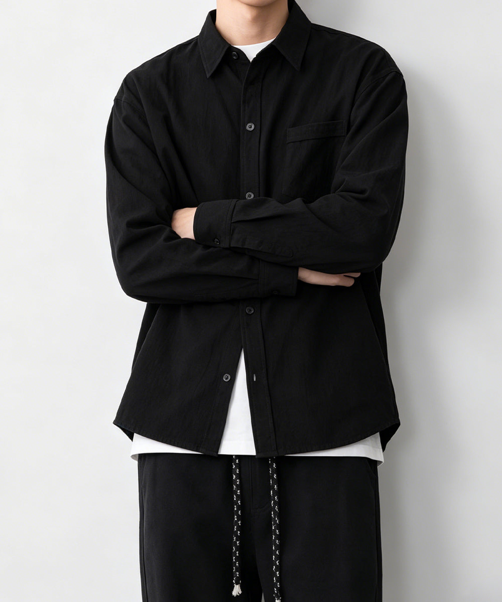 メンズ長袖シャツ綿麻風トップス韓国風秋服 ブラック