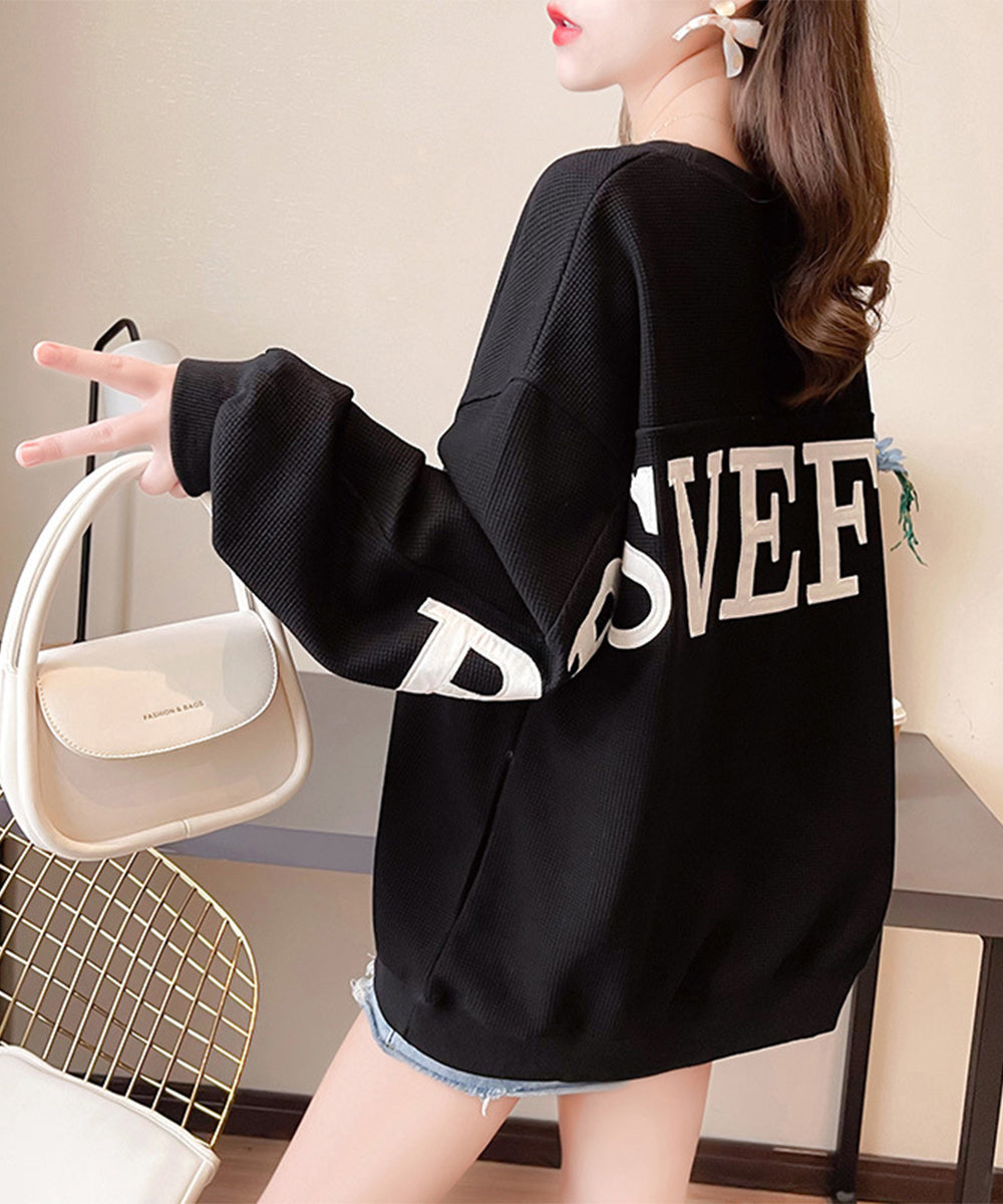 ロゴトレーナーレディースワッフルトップス 韓国風ロングTシャツ ビッグシルエット バックプリント 体型カバーゆるトップス  カジュアル 長袖薄手春秋服クルーネック 90YGL-001
