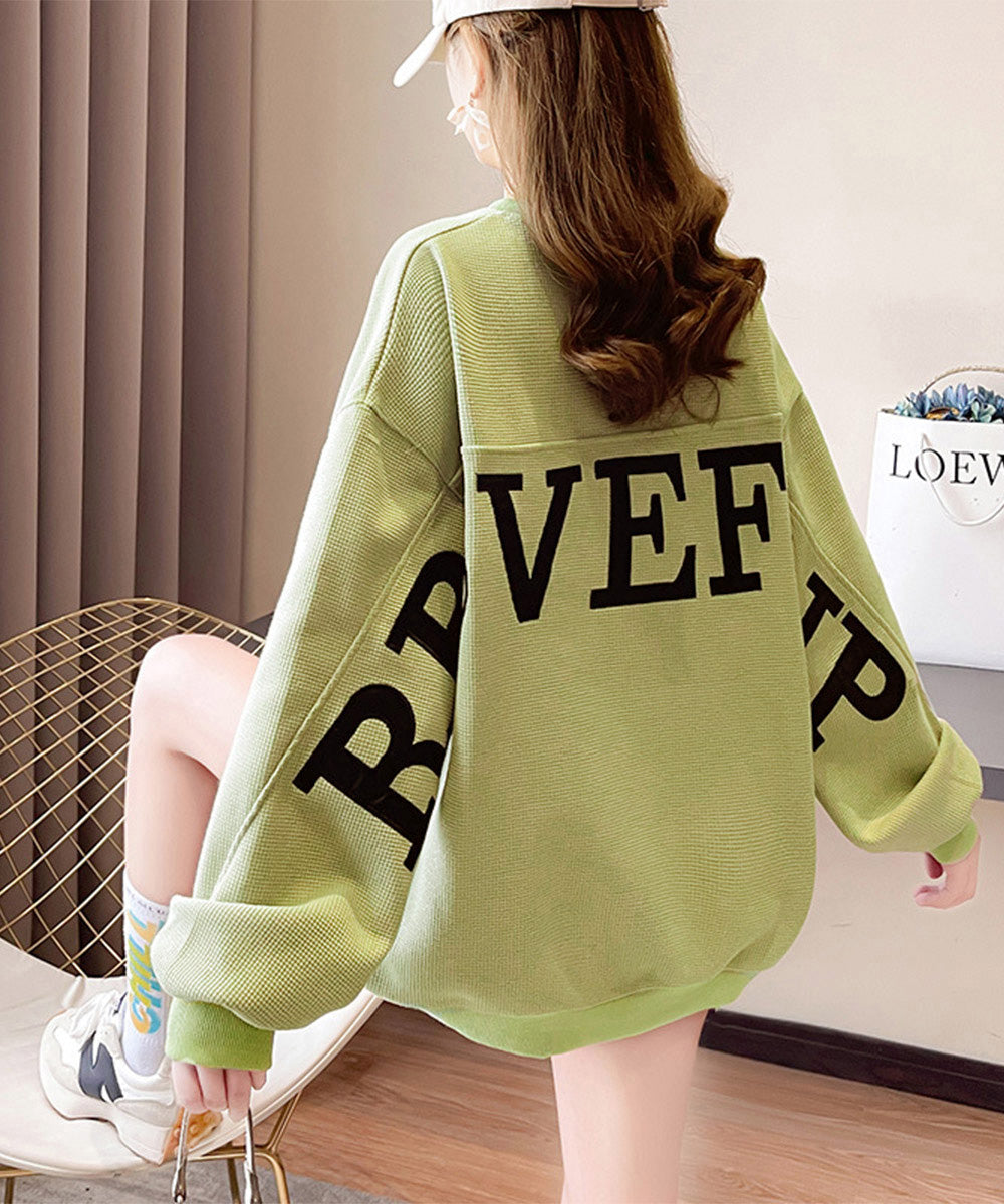 ロゴトレーナーレディースワッフルトップス 韓国風ロングTシャツ ビッグシルエット バックプリント 体型カバーゆるトップス  カジュアル 長袖薄手春秋服クルーネック 90YGL-001