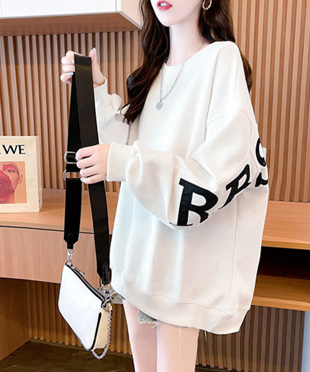 ロゴトレーナーレディースワッフルトップス 韓国風ロングTシャツ ビッグシルエット バックプリント 体型カバーゆるトップス  カジュアル 長袖薄手春秋服クルーネック 90YGL-001