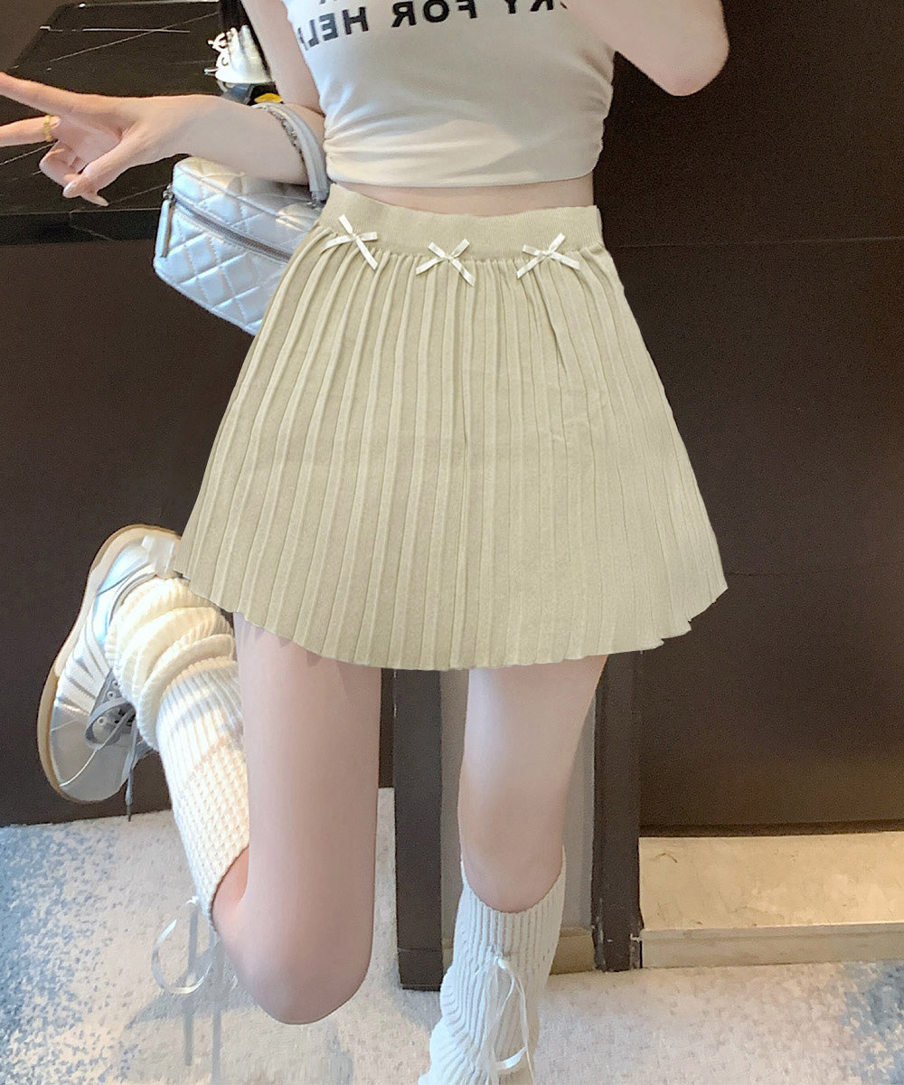 リボン付きプリーツミニスカートレディース ライトベージュ