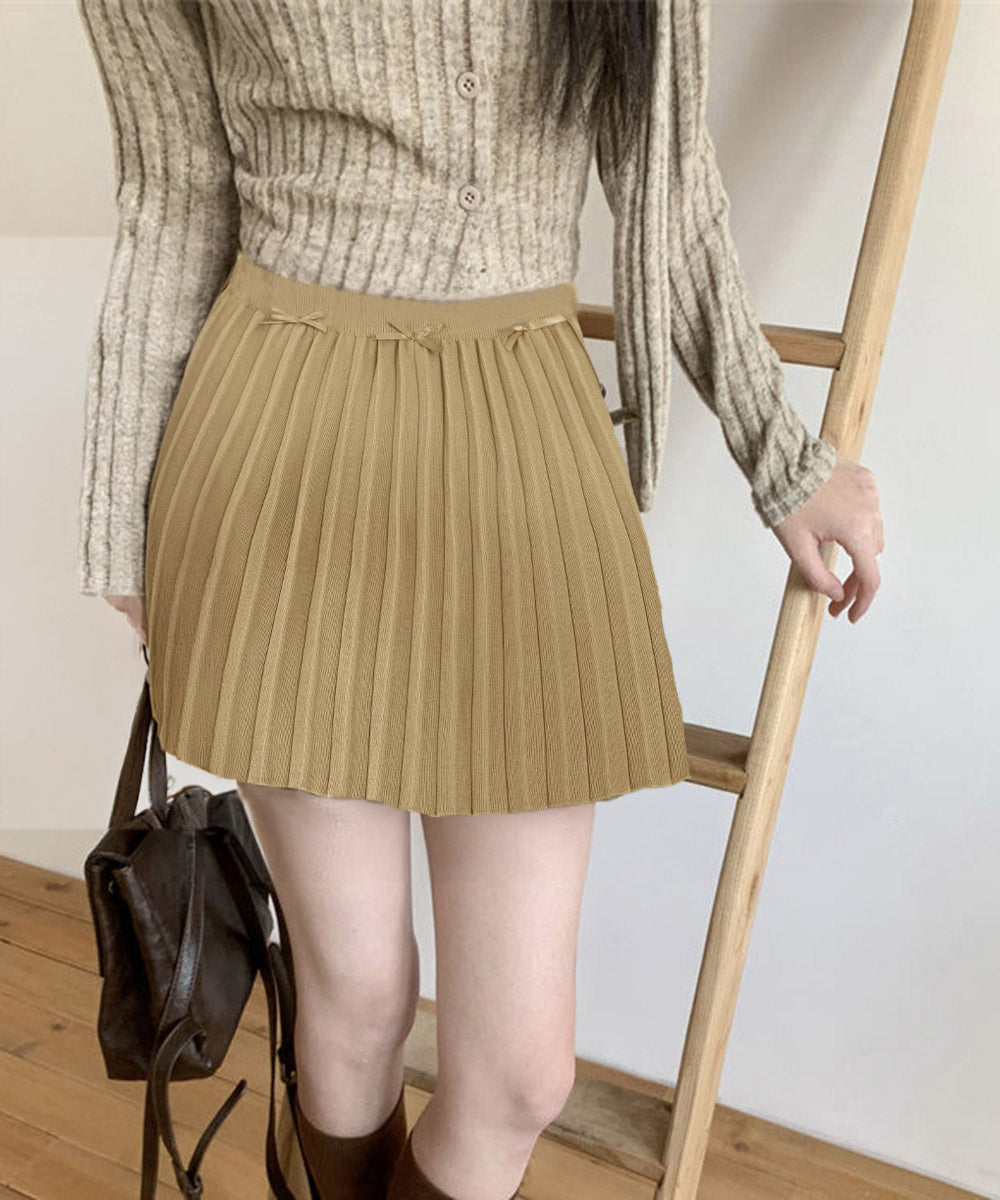 リボン付きプリーツミニスカートレディース キャメル