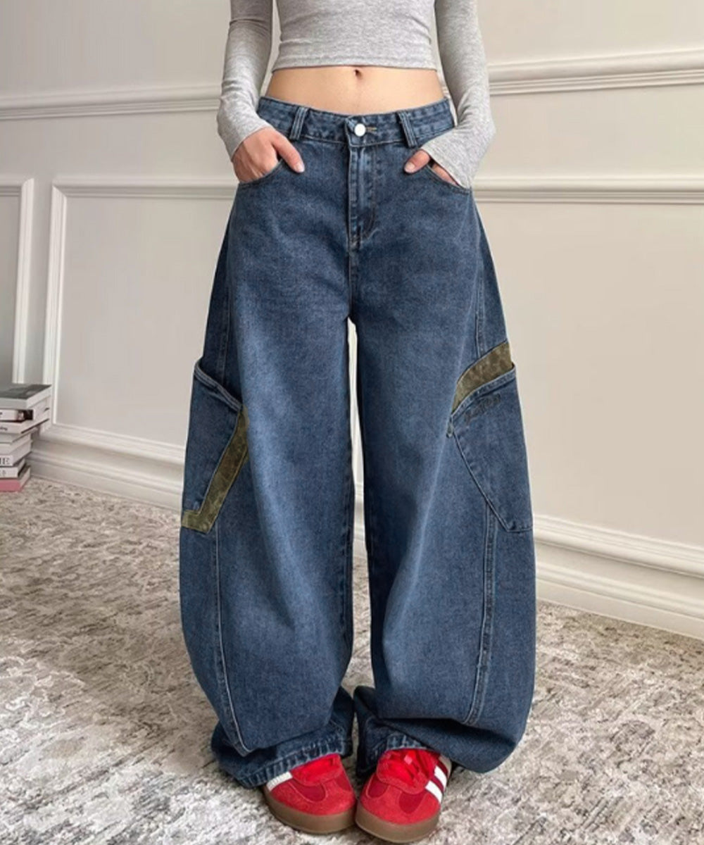 デニムカーブパンツ レオパード柄ポケット レトロ風ロングパンツ レディース ハイウエスト ワイドパンツ ポケット付き バナナパンツ カジュアル ボトムス 美脚脚長 90ZHIM-001