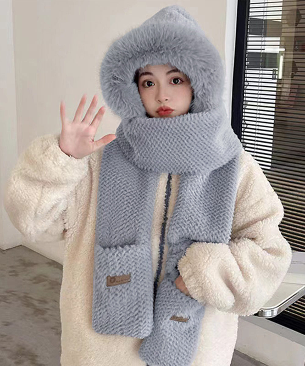 ニット帽子 マフラー手袋一体型ファー帽子 詳細画像10