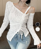 ワンオフショルダーレースTシャツギャザー 詳細画像1