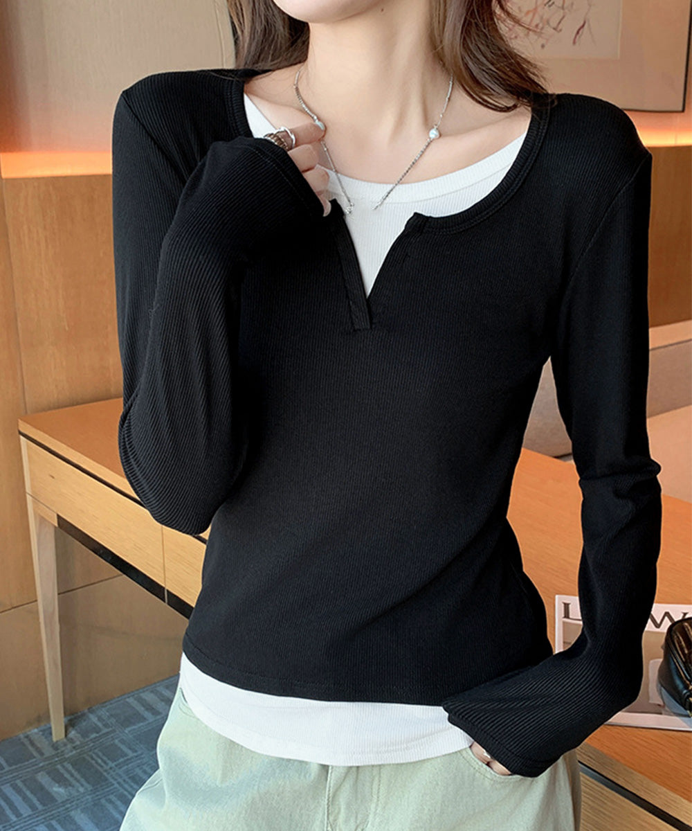 レイヤード風Tシャツ スリットネック秋服 レディース 重ね着風 カットソー 大人カジュアル 細見えTシャツ シンプル ストレッチフィット インナートップスおしゃれ 92EZ-001