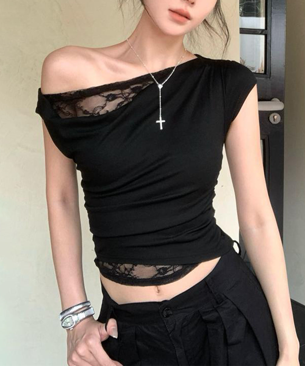 オフショル レースカットソー半袖Tシャツ ワンショルトップスレディース アシンメトリーレースドッキングシャツ おしゃれクロップドtシャツ細見え 肌見せ夏服 韓国風 92HEITAOBH-002