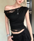 オフショル レースカットソー半袖Tシャツ ワンショルトップスレディース アシンメトリーレースドッキングシャツ おしゃれクロップドtシャツ細見え 肌見せ夏服 韓国風 92HEITAOBH-002