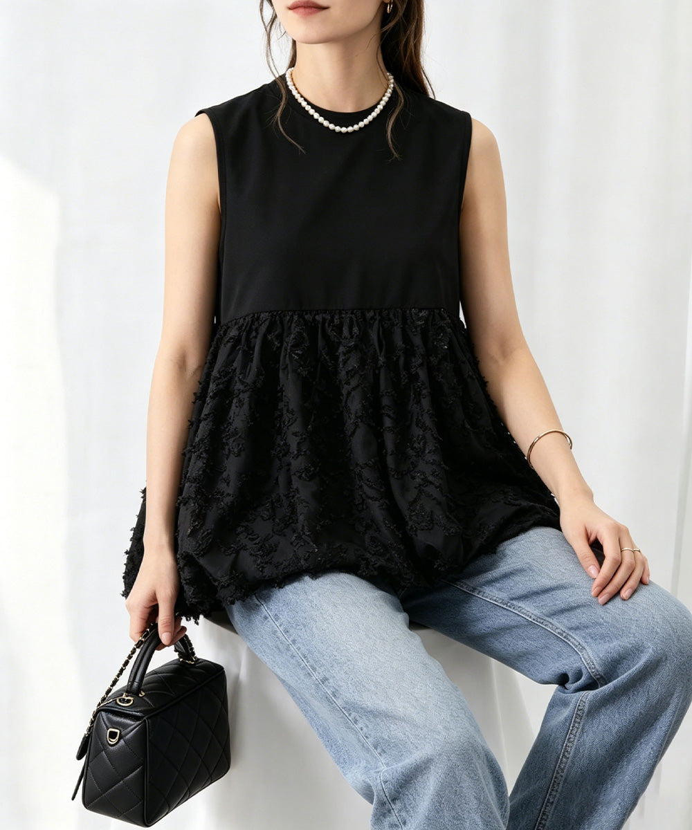 フェザー切替ノースリーブペプラムブラウス レディース クルーネックtシャツ 華やかなドッキングトップス大人可愛い 涼しげブラウス ジャガードカットソー夏チュニック 92HHXM-001