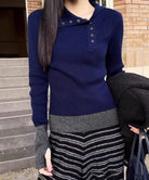 アシメ配色ボタンリブニットトップス長袖秋 ネイビー