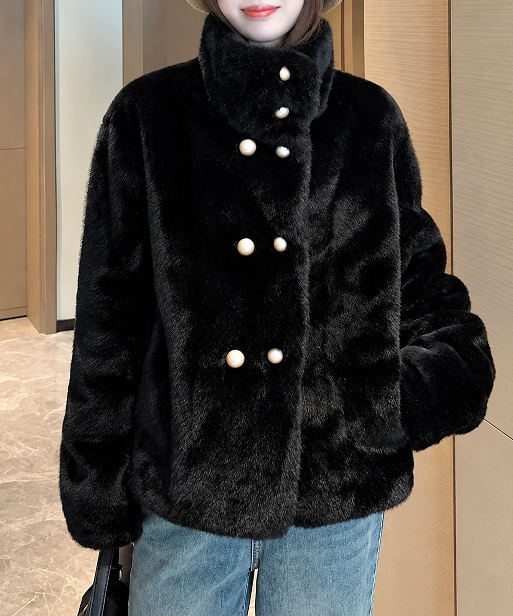 ダブルボタンファージャケットブルゾン冬服 ブラック