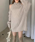 オープンショルダーニットワンピースミニ丈 レディース ショルダーカットニットチュニック セクシー肌見せニットセーター ハイネックリブニット ゆったり 韓国風秋冬服 92MRJFS-001