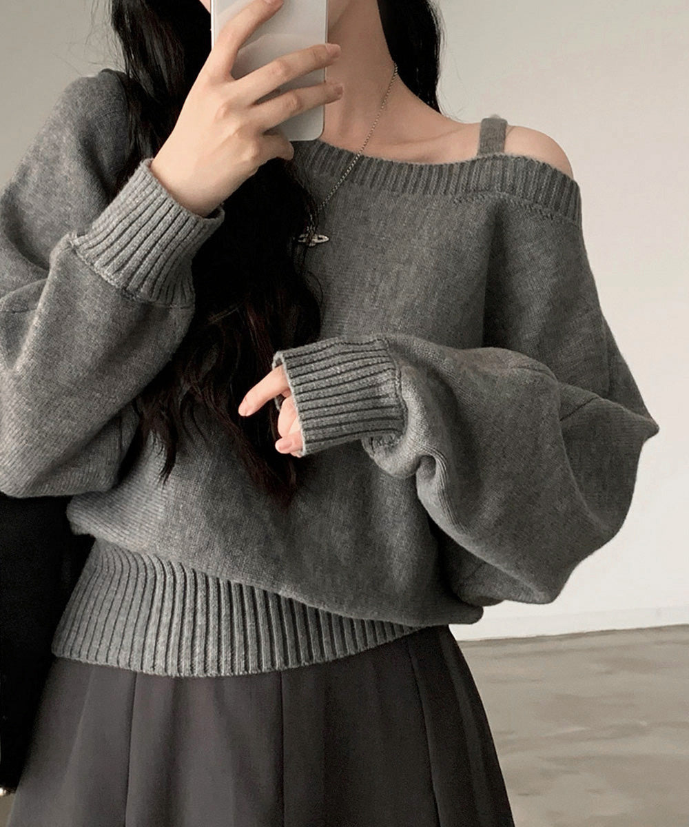 オフショルダーニットトップス肩見せ秋冬服 グレー