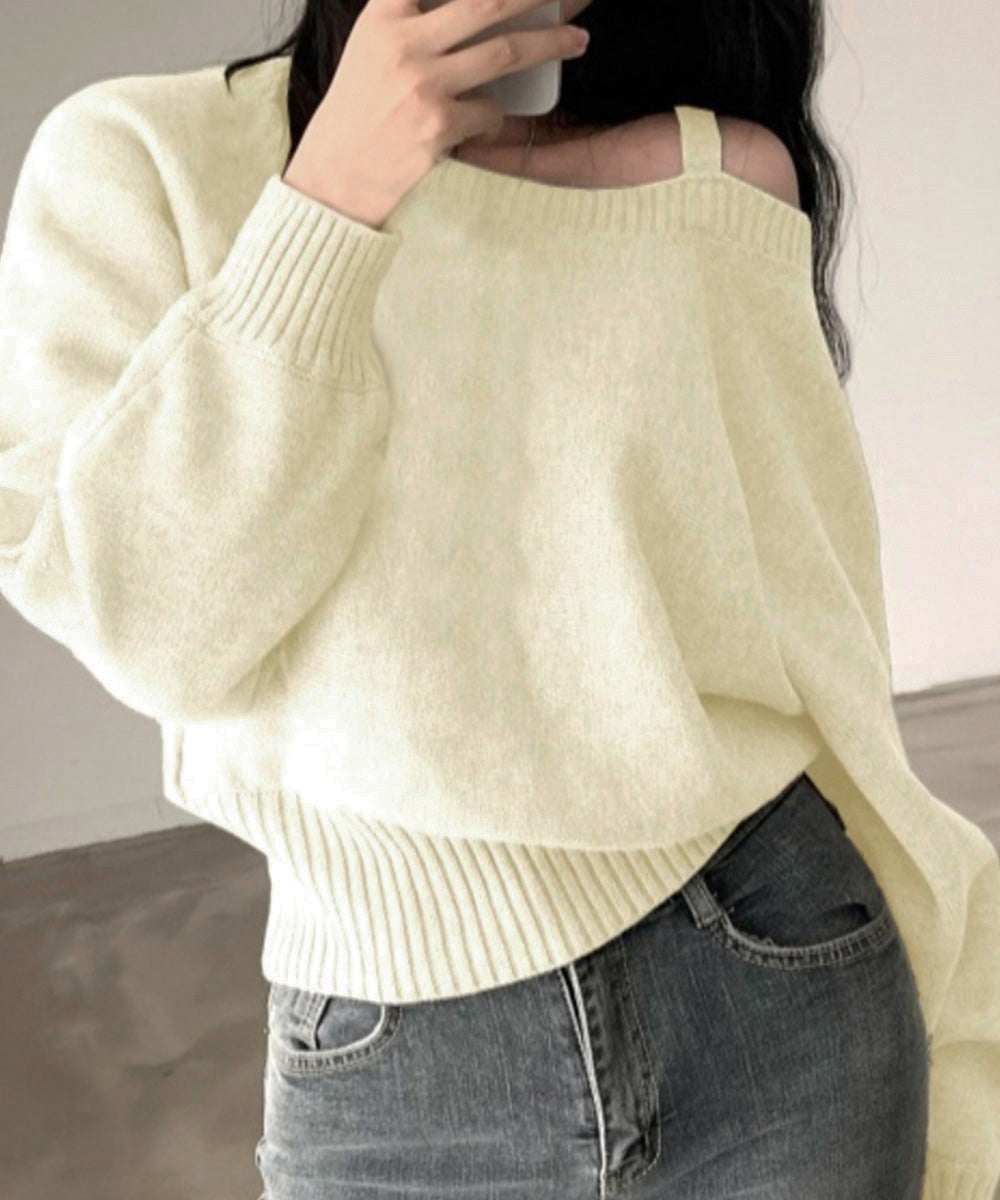 オフショルダーニットトップス肩見せ秋冬服 アイボリー
