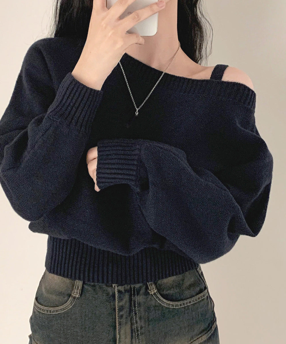 オフショルダーニットトップス肩見せ秋冬服 ネイビー
