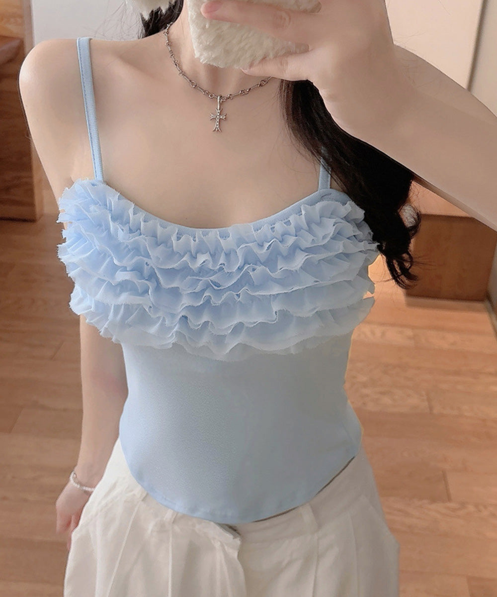 マルチフリルキャミソール カップ付き夏服 レディース大人可愛いキャミインナー 美胸ブラトップ快適 韓国風薄手インナーブラ一体型 お洒落 胸元フリルインナートップス 92QIAODS-002