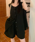 ノースリーブジレショートパンツセット夏服 薄手ベスト リネン風短パンセットアップ 涼しげきれいめトップス体型カバー ゆったりシルエットワイドショートパンツ美脚脚長 92SF-001