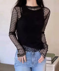 ドット柄シアートップス チュールインナー レディース ポルカドットチュールブラウス大人可愛い重ね着 薄手レイヤードインナーシアーカットソー透け感シースルートップス 92SIYUFS-002