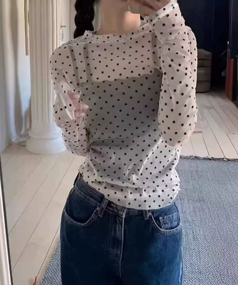 ドット柄シアートップス チュールインナー レディース ポルカドットチュールブラウス大人可愛い重ね着 薄手レイヤードインナーシアーカットソー透け感シースルートップス 92SIYUFS-002