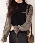 チェック柄ドッキングニットレディース秋服 ブラック