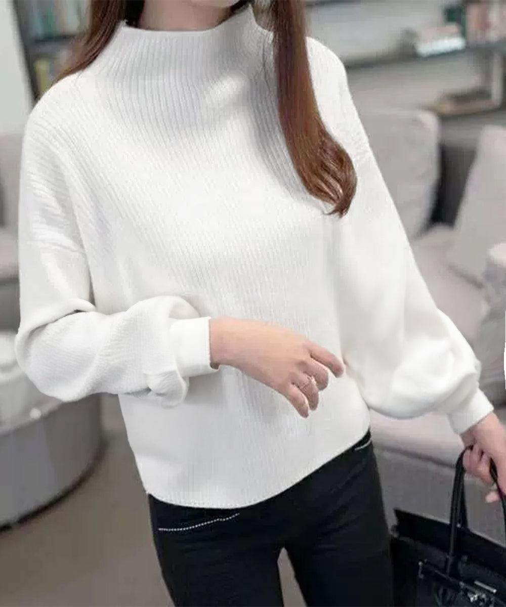 韓国風リブニットトップスハイネックニット 長袖ニットセーターランタンスリーブ 柔らかいニットソー暖かい チクチクしないニットプルオーバー 無地インナートップス秋冬 92XAYTFS-003