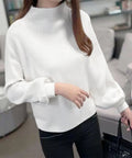 韓国風リブニットトップスハイネックニット 長袖ニットセーターランタンスリーブ 柔らかいニットソー暖かい チクチクしないニットプルオーバー 無地インナートップス秋冬 92XAYTFS-003