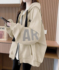 韓国風フード付きジップパーカーレディース ゆったりオーバーサイズトレーナー 前開きジップアップ長袖トップス フーディー 体型カバーライトアウター10代20代30代 92YGLMY-001