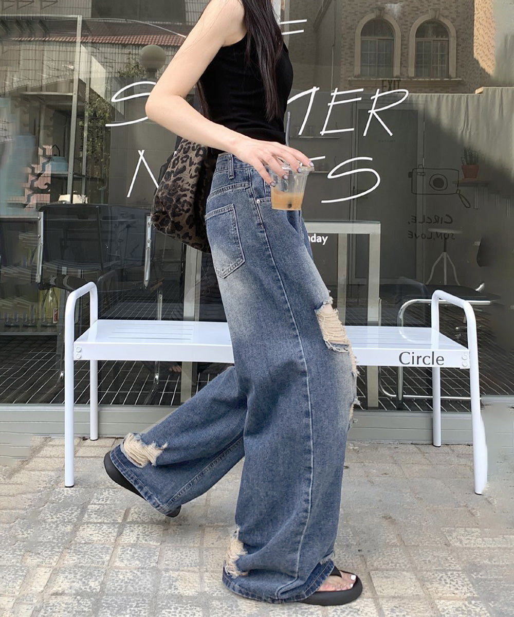 ダメージ デニムワイドパンツ レディース