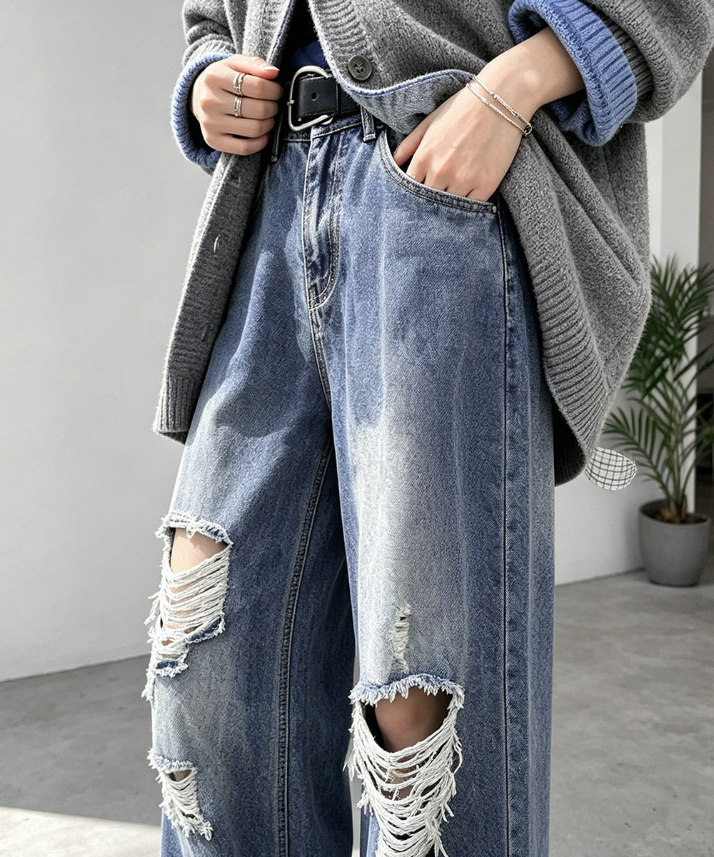 ダメージ デニムワイドパンツ レディース
