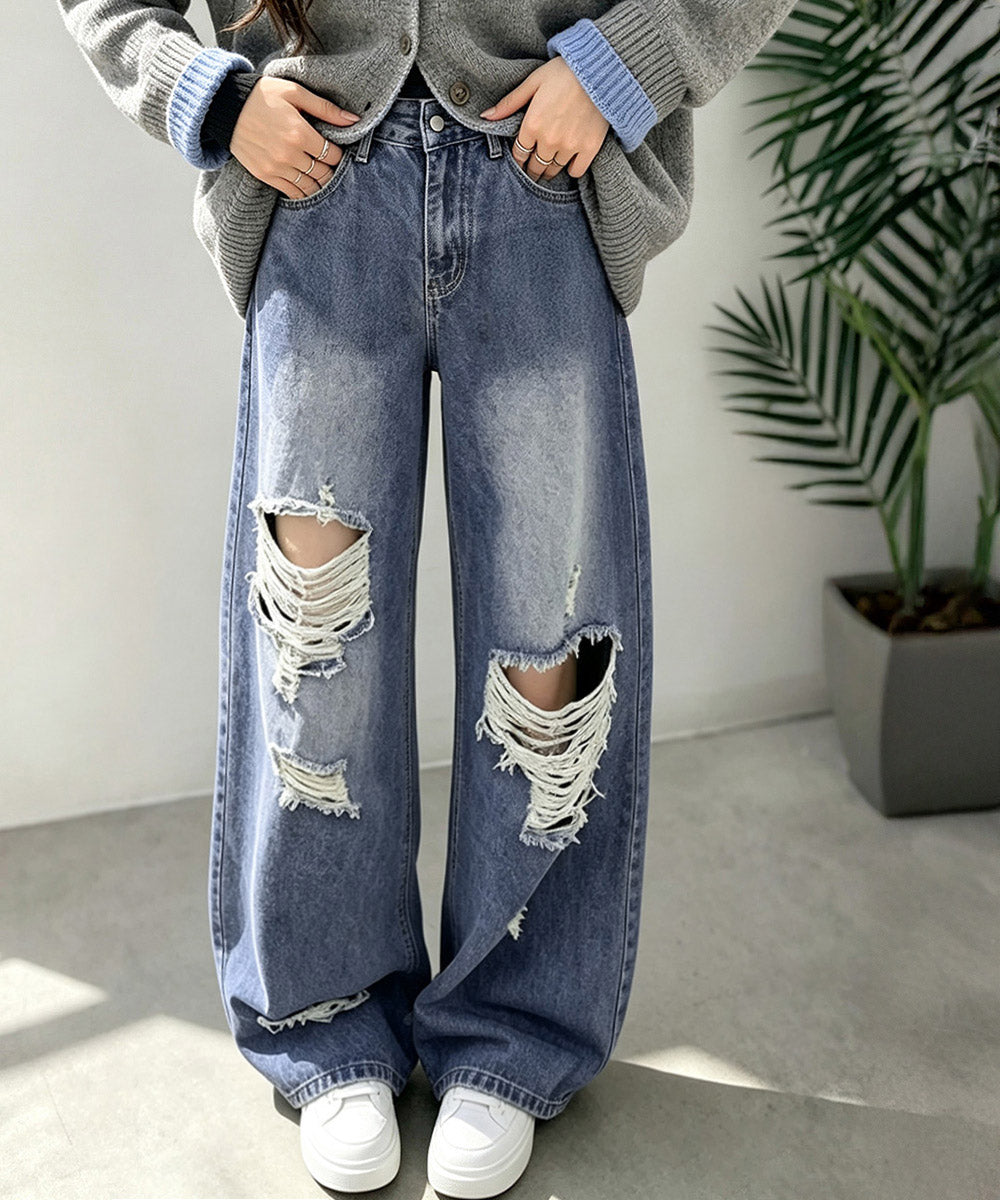 ダメージ デニムワイドパンツ レディース