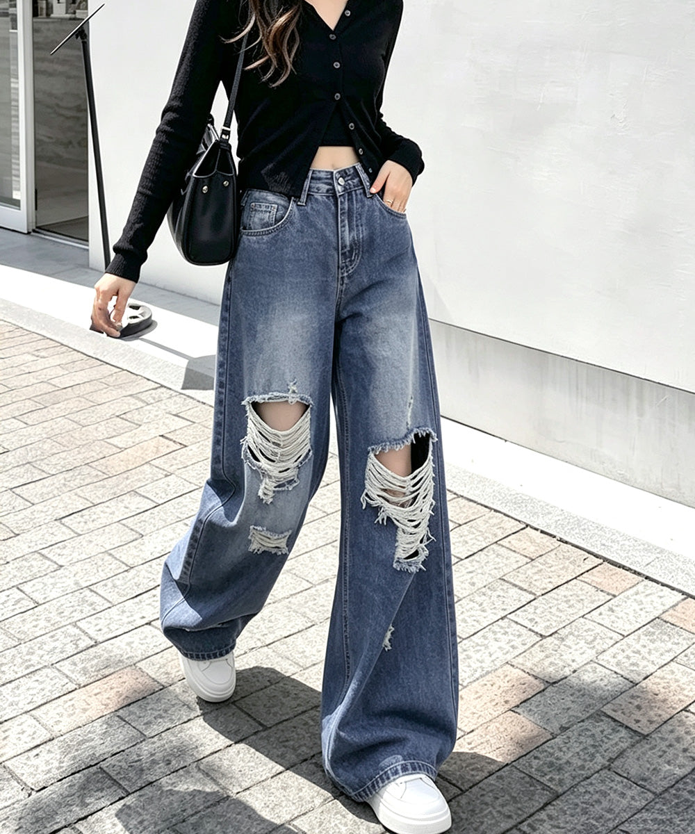 ダメージ デニムワイドパンツ レディース