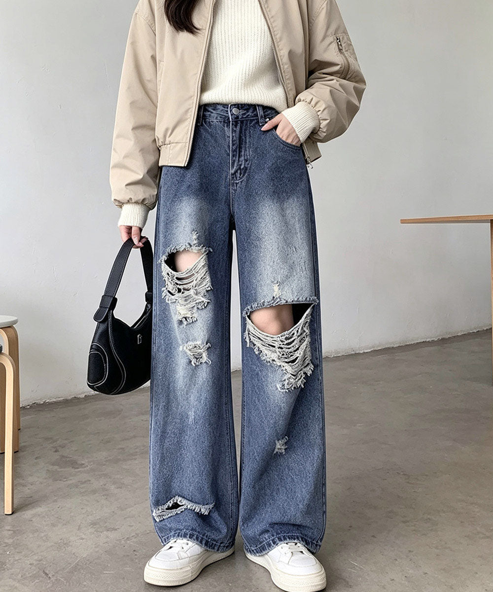 ダメージ デニムワイドパンツ レディース