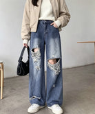 ダメージ デニムワイドパンツ レディース