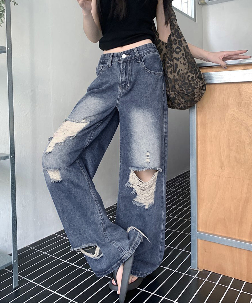 ダメージ デニムワイドパンツ レディース