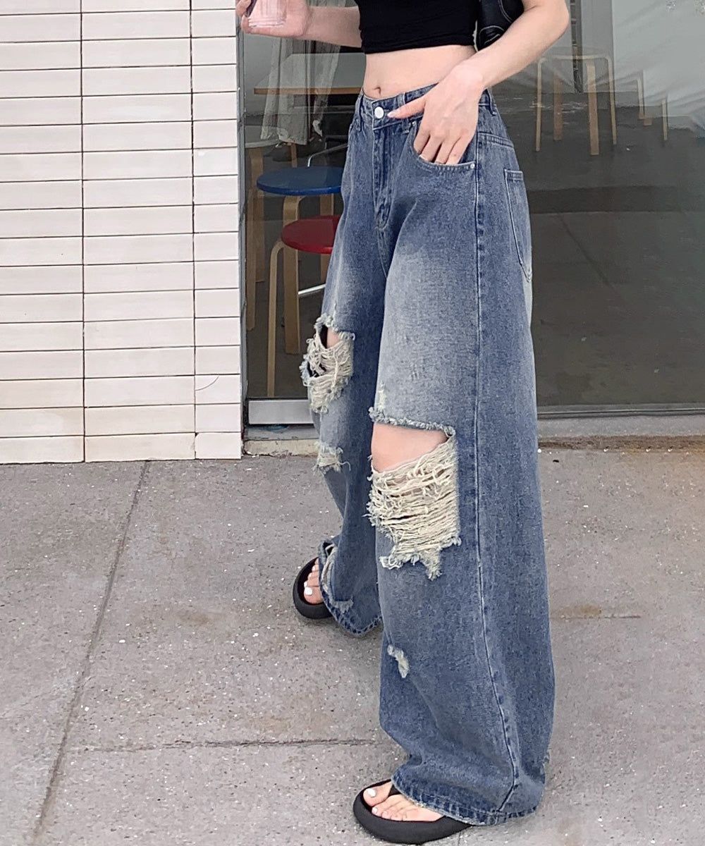 ダメージ デニムワイドパンツ レディース