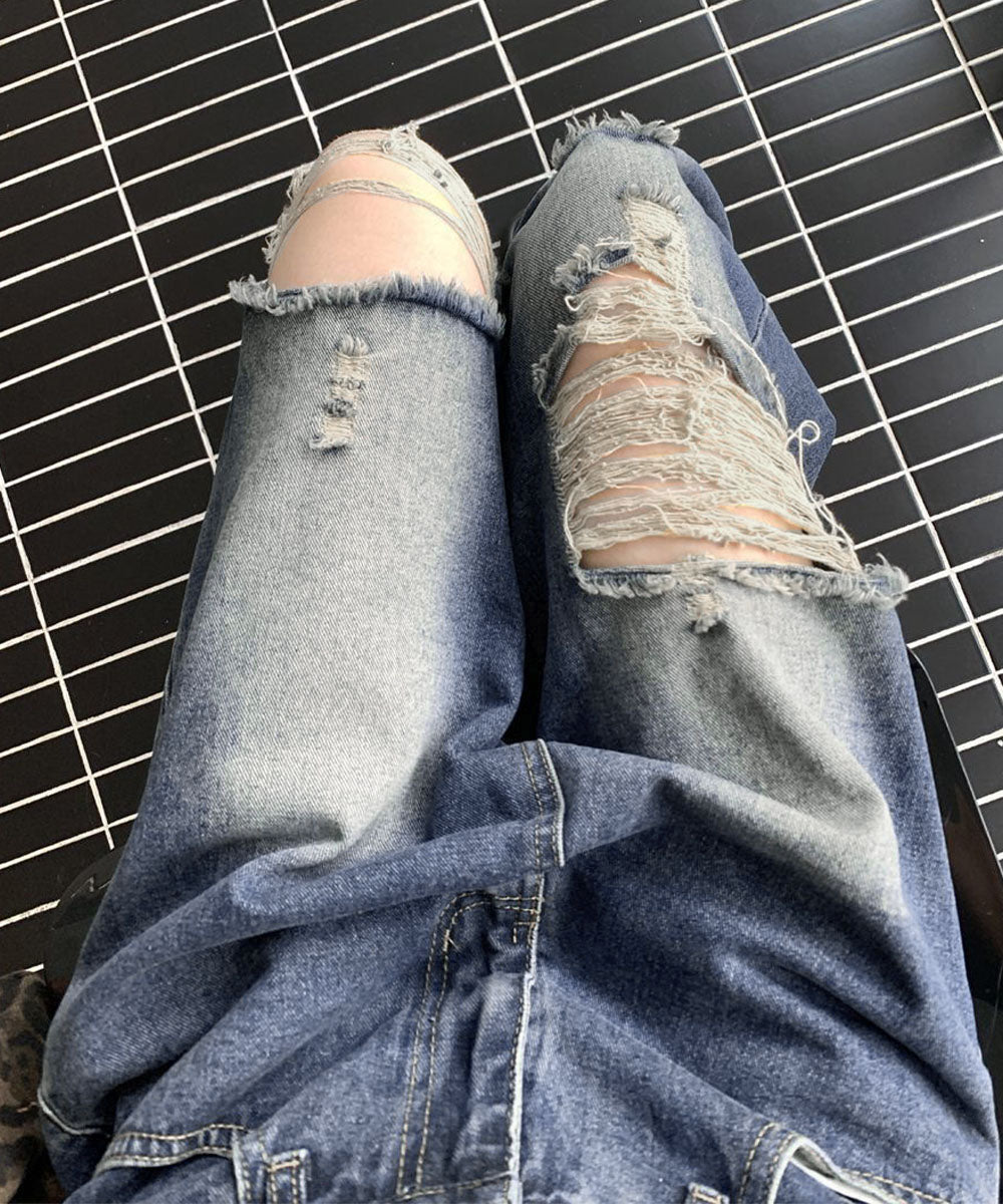 ダメージ デニムワイドパンツ レディース