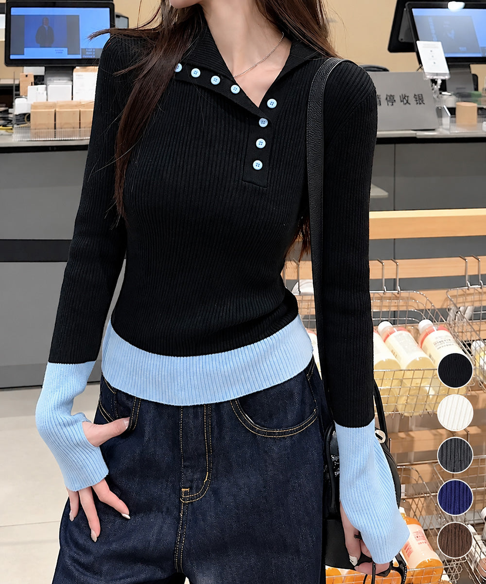 アシメ配色ボタンリブニットトップス長袖秋