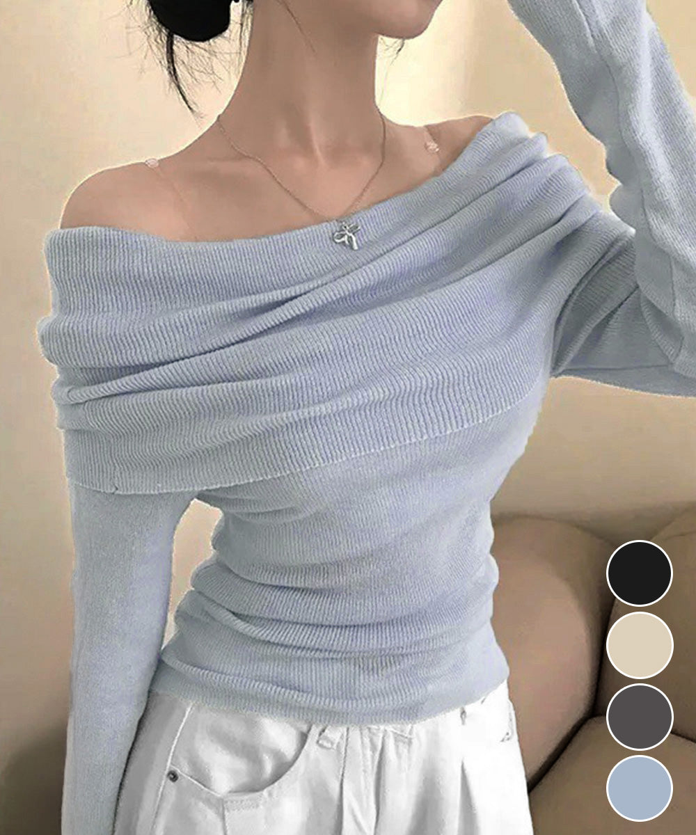 ワイドオフショルダーニットトップス肩出し 詳細画像1