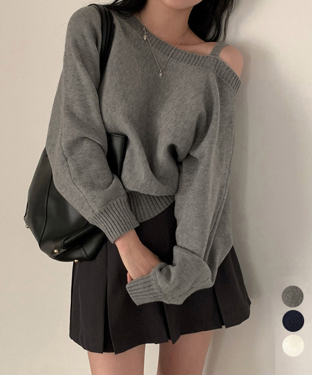 オフショルダーニットトップス肩見せ秋冬服 詳細画像1