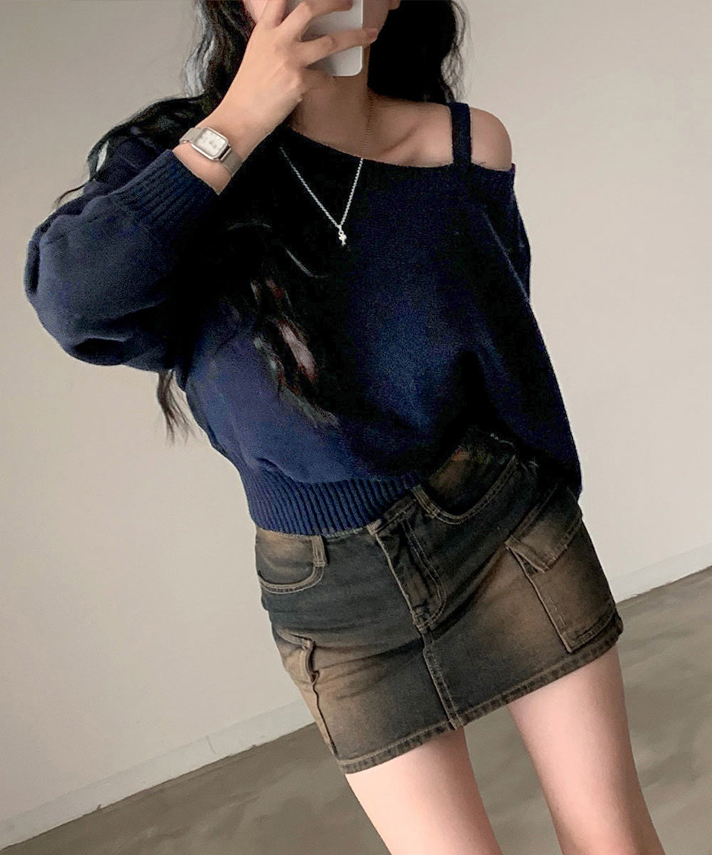 オフショルダーニットトップス肩見せ秋冬服 詳細画像10