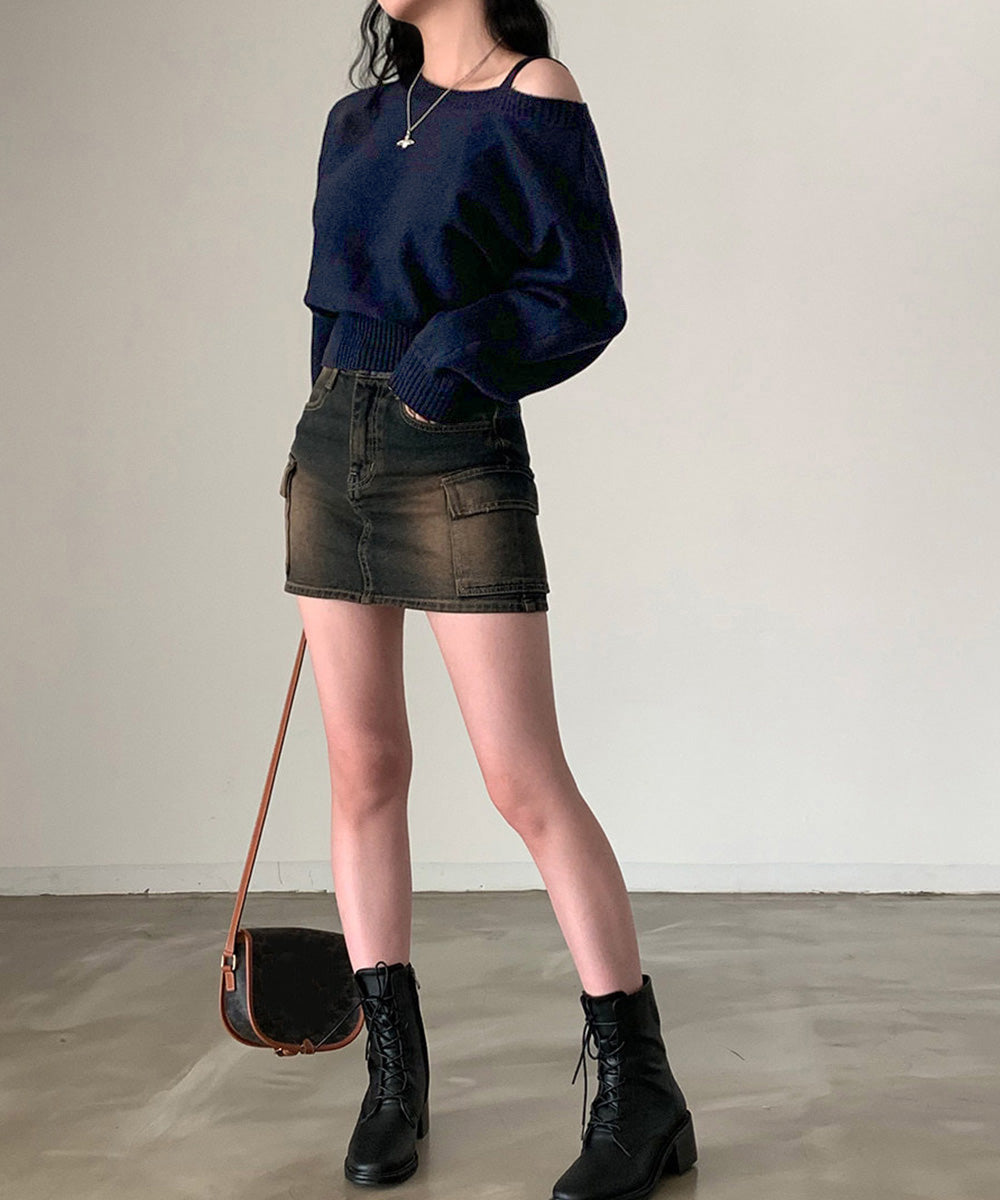 オフショルダーニットトップス肩見せ秋冬服 詳細画像11