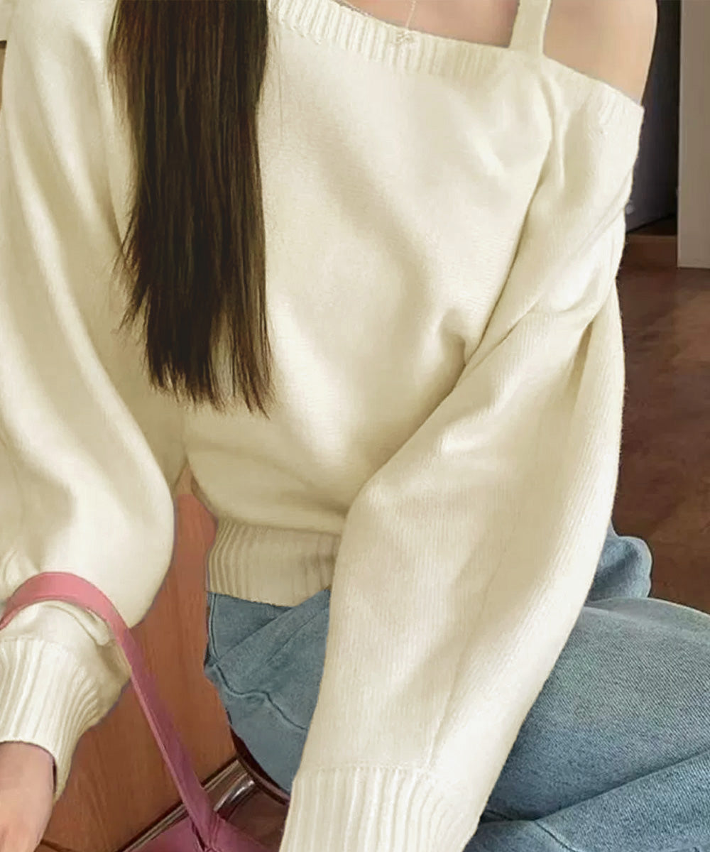 オフショルダーニットトップス肩見せ秋冬服 詳細画像13