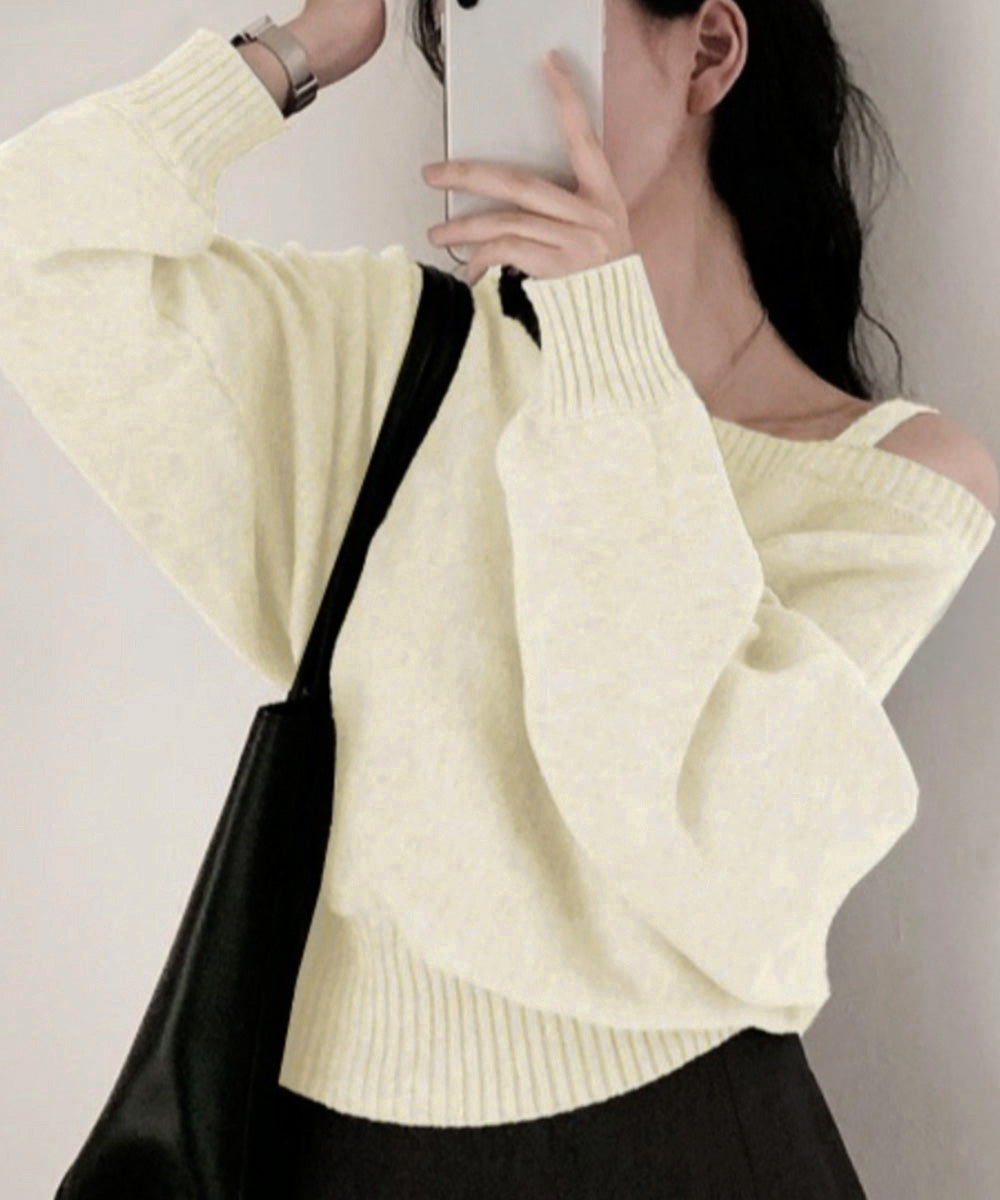 オフショルダーニットトップス肩見せ秋冬服 詳細画像14