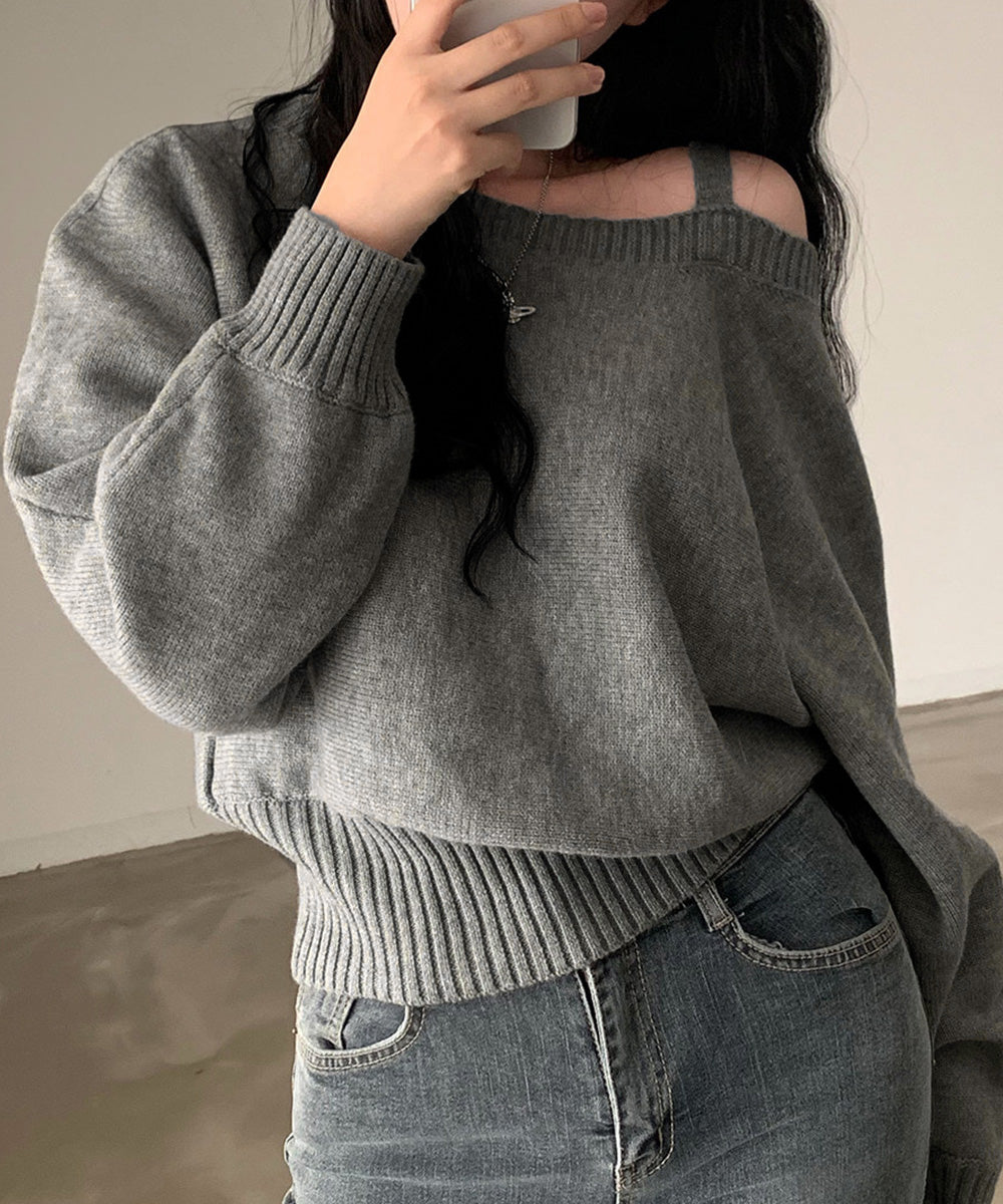 オフショルダーニットトップス肩見せ秋冬服 詳細画像17