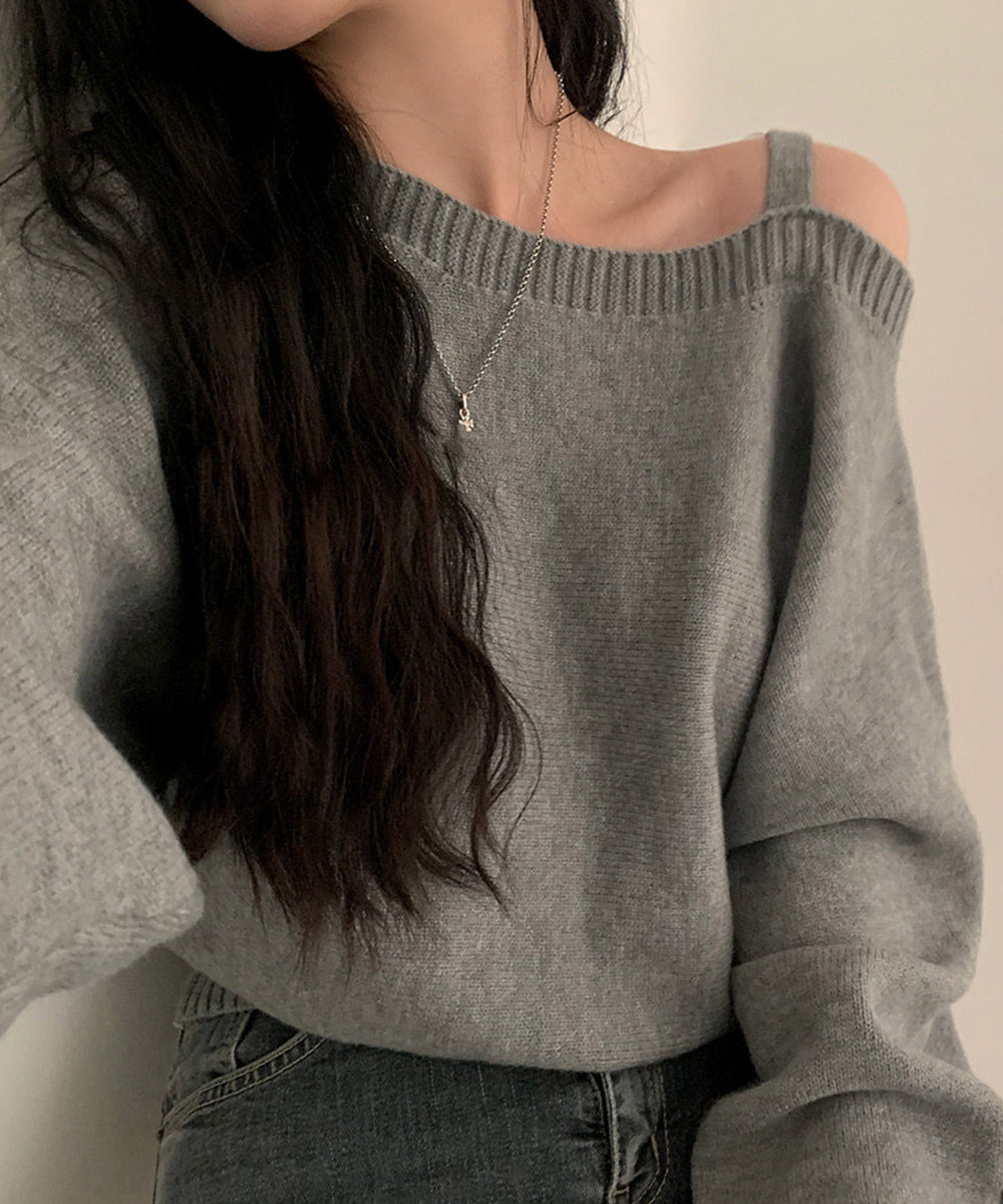 オフショルダーニットトップス肩見せ秋冬服 詳細画像18