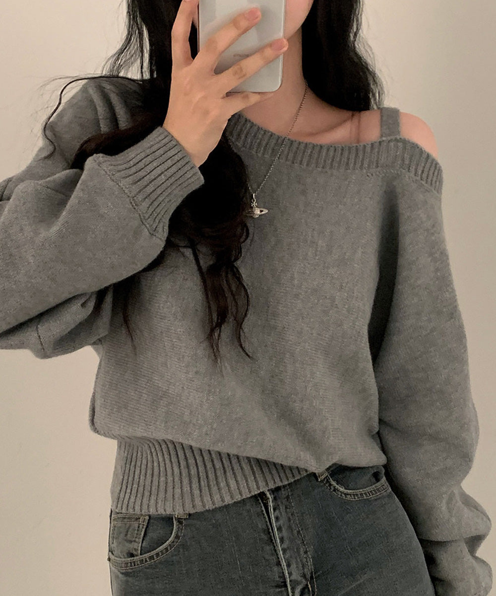 オフショルダーニットトップス肩見せ秋冬服 詳細画像19