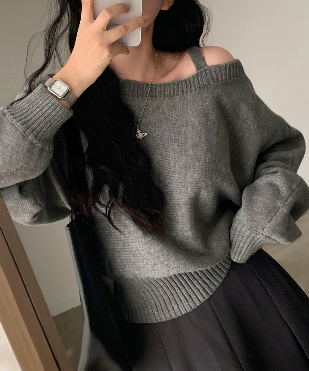 オフショルダーニットトップス肩見せ秋冬服 詳細画像2