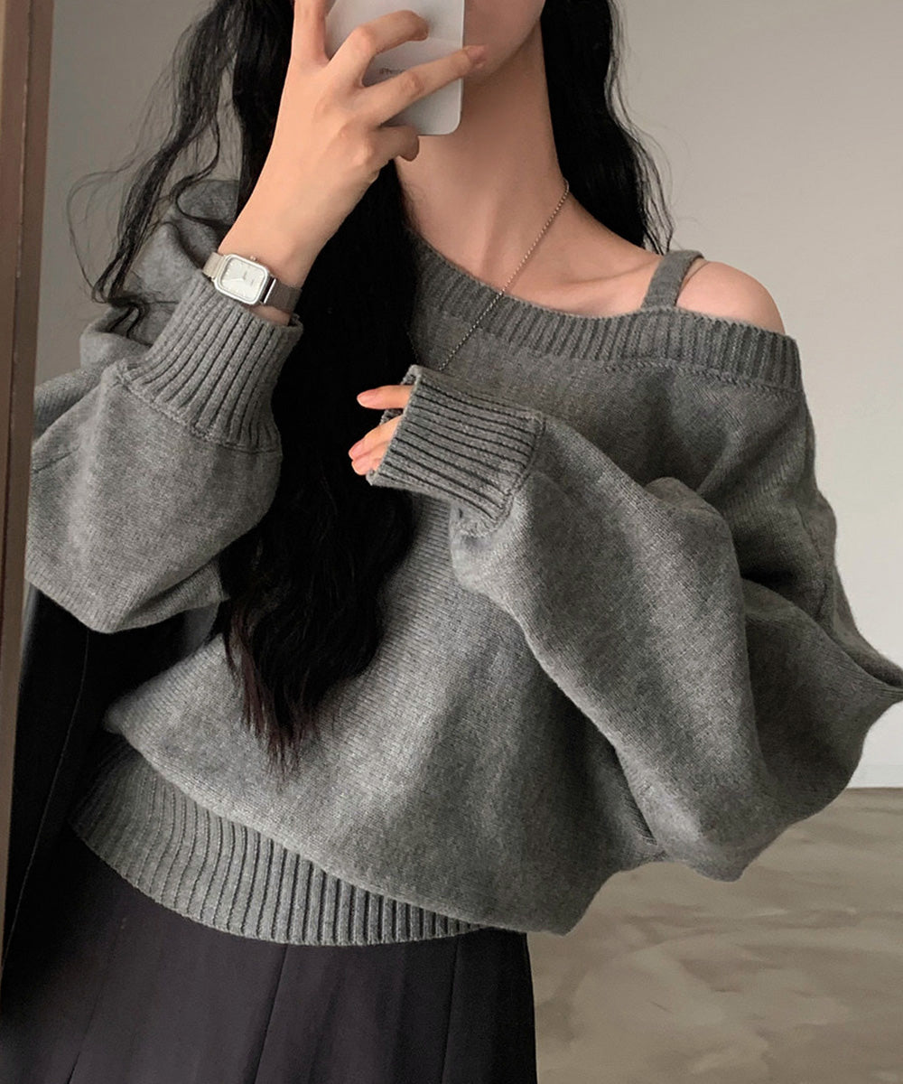 オフショルダーニットトップス肩見せ秋冬服 詳細画像21